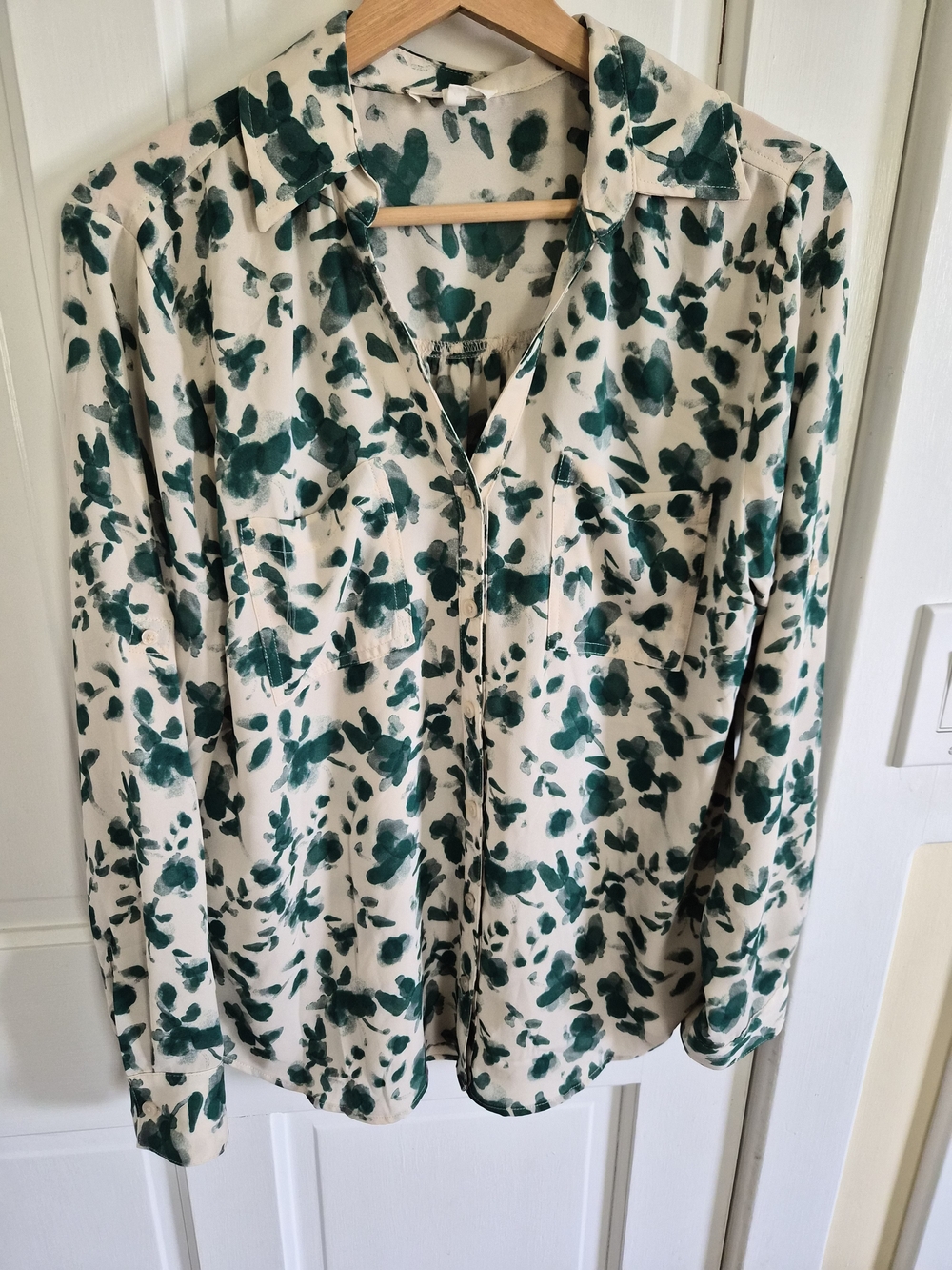 Maurices Cream Button-Down Shirt with Green Floral Print